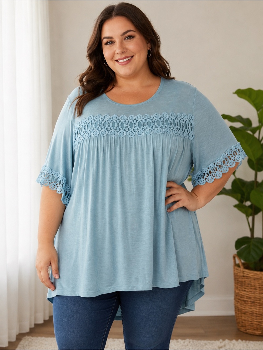 Suzanne Betro Sky Blue Lace Accent Tunic